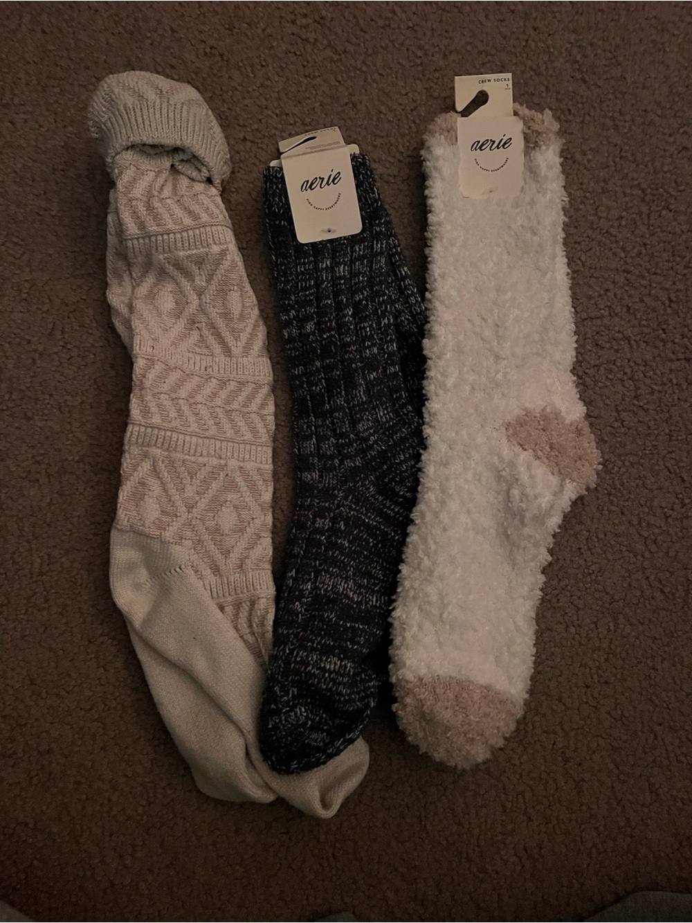 aerie Neutral Knit & Fuzzy Sock Trio in Cream, Black & White